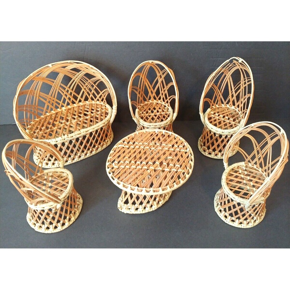 Vintage 6 Pc Rattan Wicker Doll House  Bear Size Furniture Peacock Chair